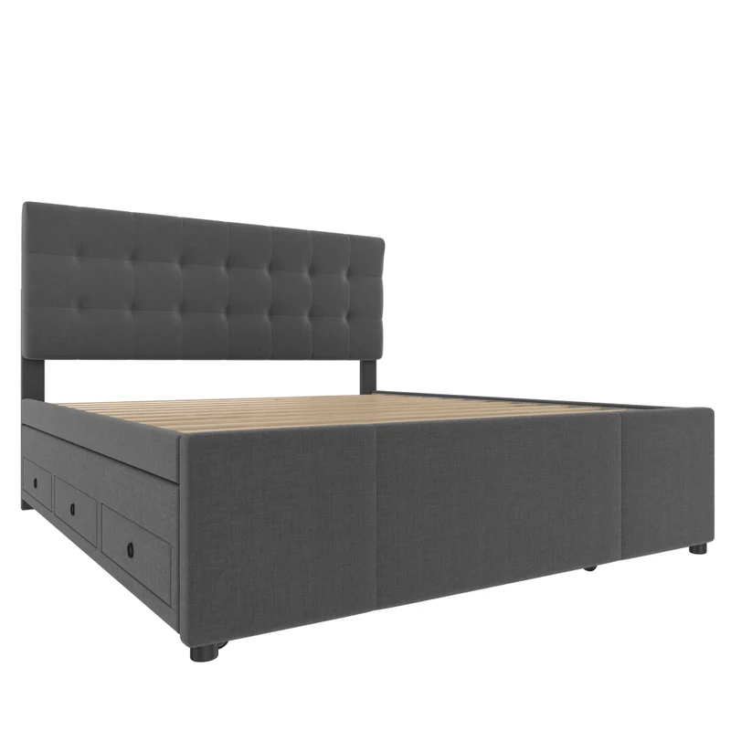 Letto imbottito 140x200 cm con letto estraibile; 3 cassetti e testiera regolabile; grigio