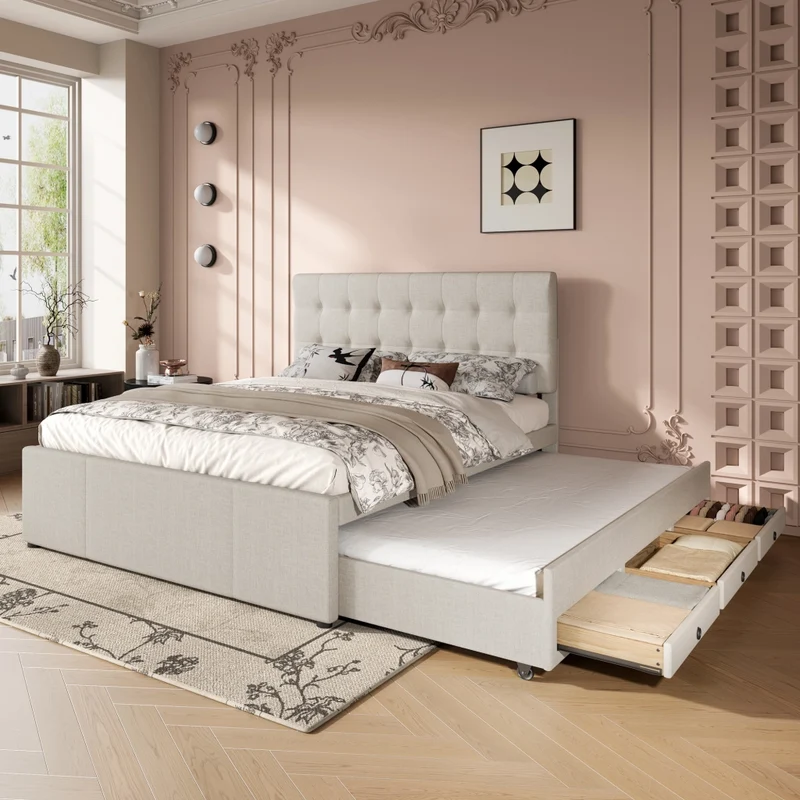 Letto matrimoniale imbottito 140x200 cm con letto estraibile e tre cassetti; beige