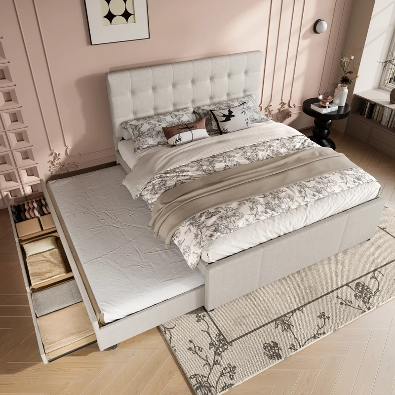 Letto matrimoniale imbottito 140x200 cm con letto estraibile e tre cassetti; beige