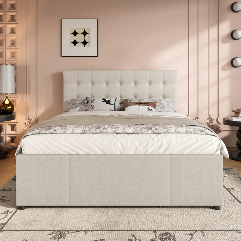 Letto matrimoniale imbottito 140x200 cm con letto estraibile e tre cassetti; beige