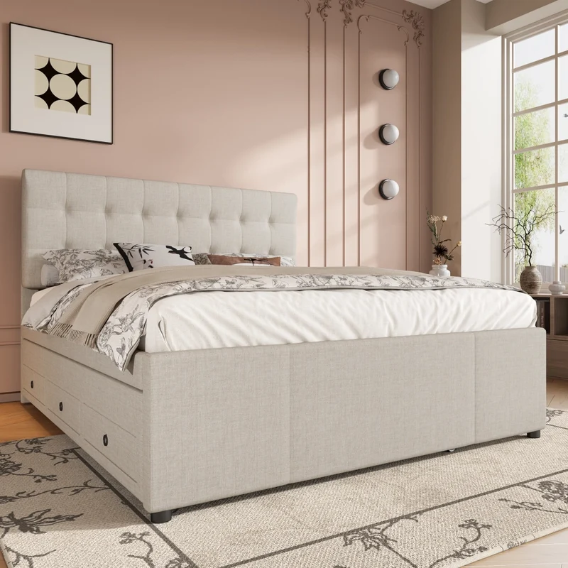 Letto matrimoniale imbottito 140x200 cm con letto estraibile e tre cassetti; beige