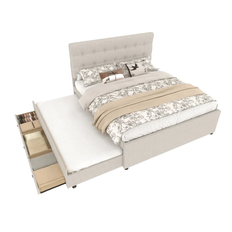 Letto matrimoniale imbottito 140x200 cm con letto estraibile e tre cassetti; beige