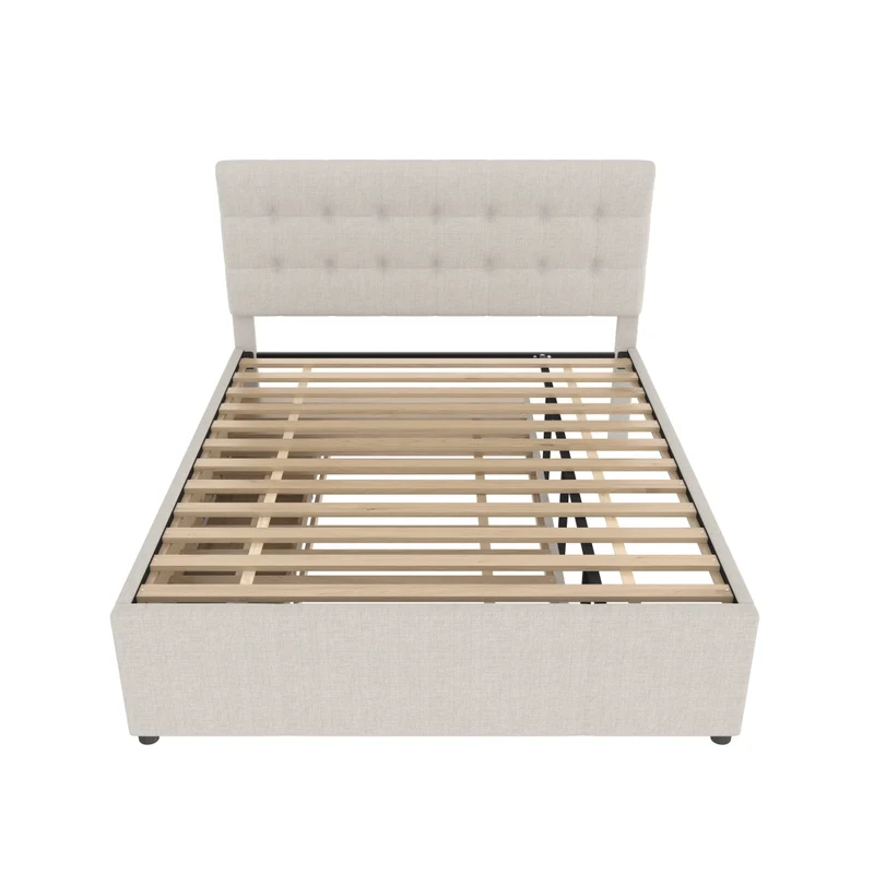 Letto matrimoniale imbottito 140x200 cm con letto estraibile e tre cassetti; beige