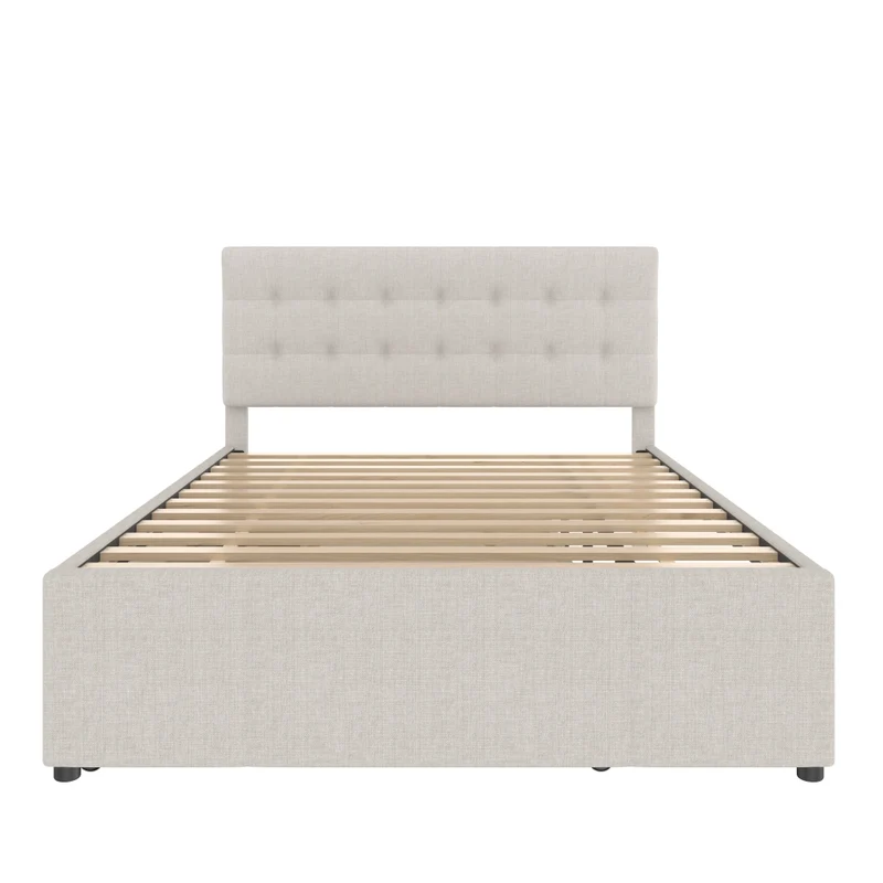 Letto matrimoniale imbottito 140x200 cm con letto estraibile e tre cassetti; beige