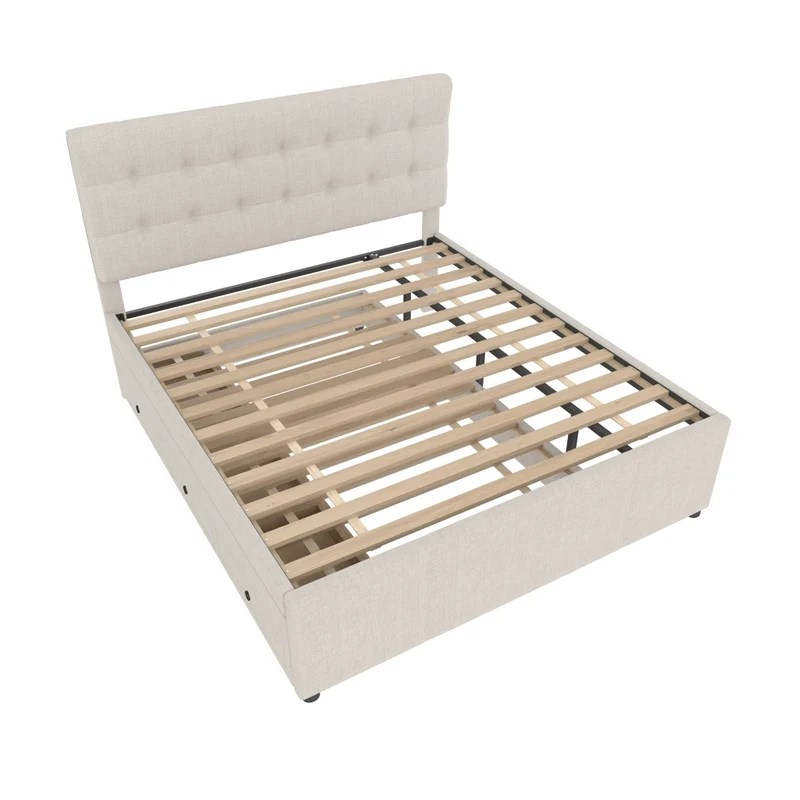 Letto matrimoniale imbottito 140x200 cm con letto estraibile e tre cassetti; beige
