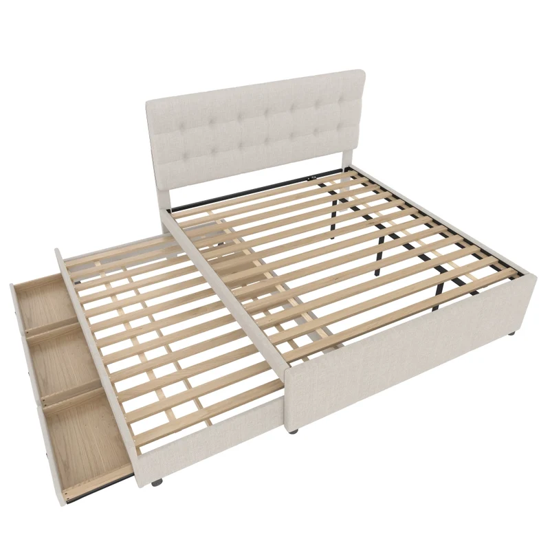 Letto matrimoniale imbottito 140x200 cm con letto estraibile e tre cassetti; beige