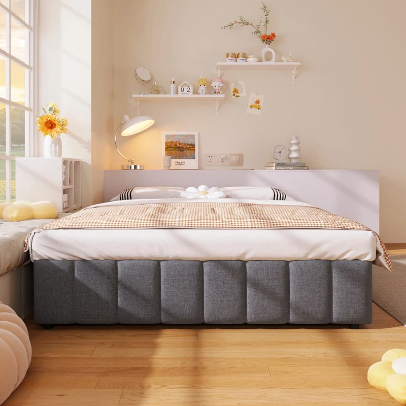 Letto contenitore 140x200 cm in lino e MDF; idraulico; senza testiera; grigio