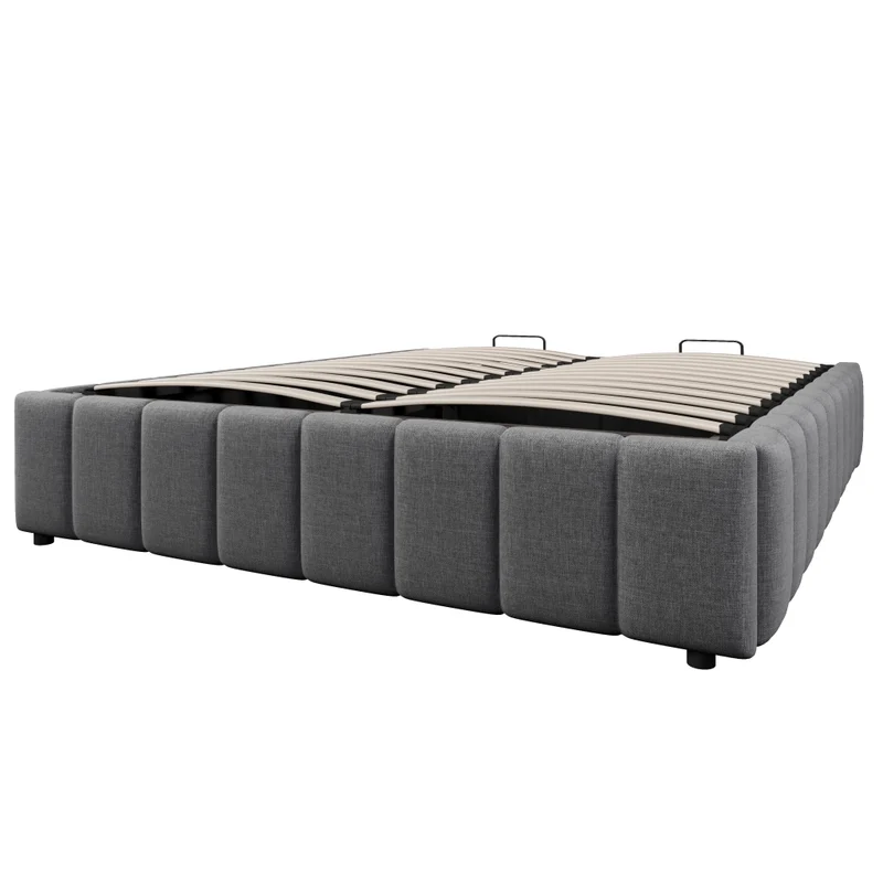 Letto contenitore 140x200 cm in lino e MDF; idraulico; senza testiera; grigio
