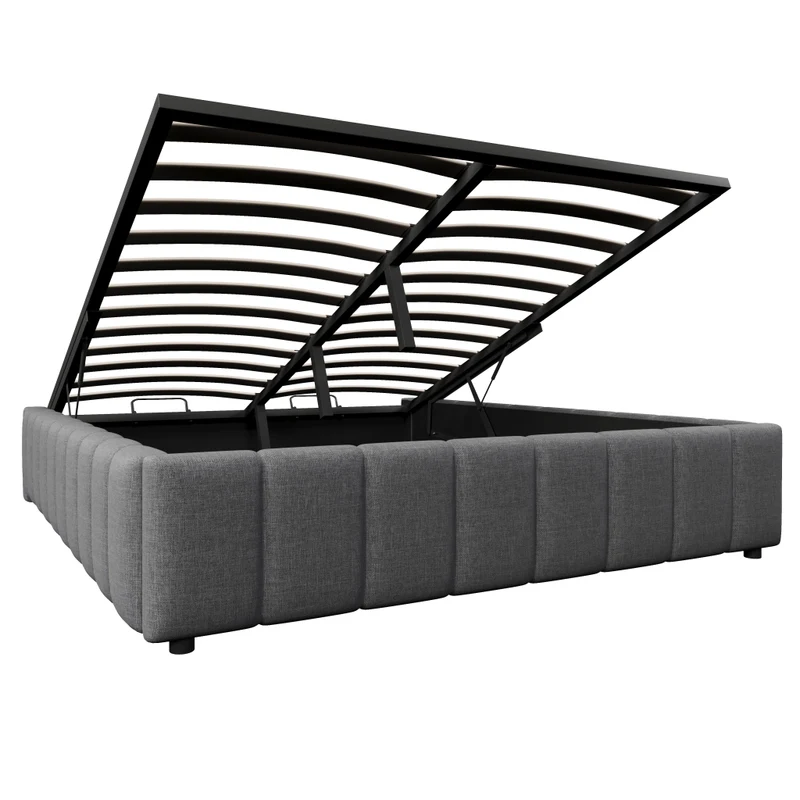 Letto contenitore 140x200 cm in lino e MDF; idraulico; senza testiera; grigio