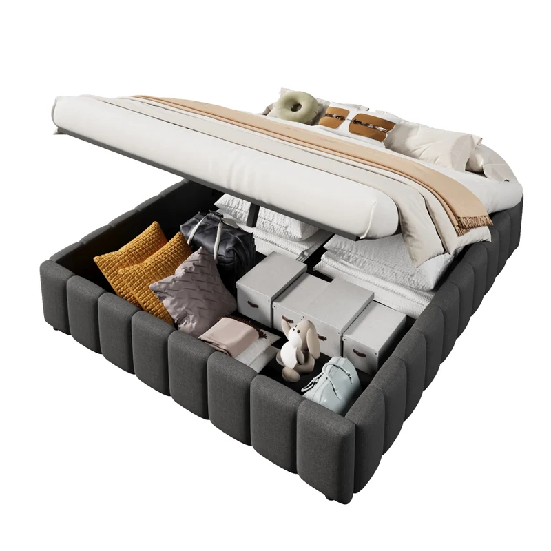 Letto contenitore 140x200 cm in lino e MDF; idraulico; senza testiera; grigio