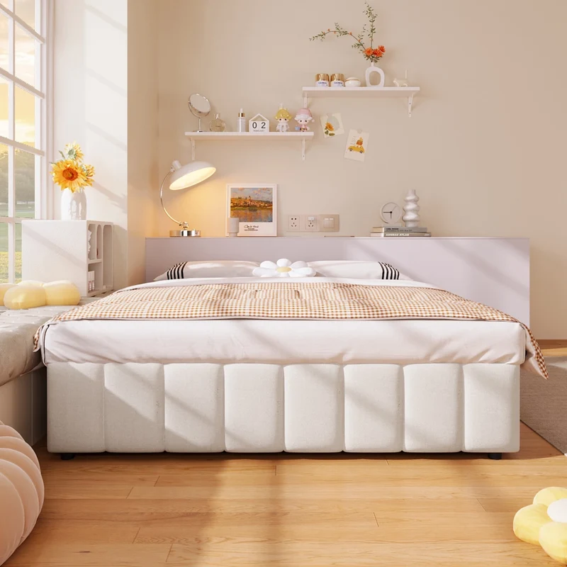Letto contenitore 140x200 beige in lino e MDF; con sollevamento idraulico e senza testiera