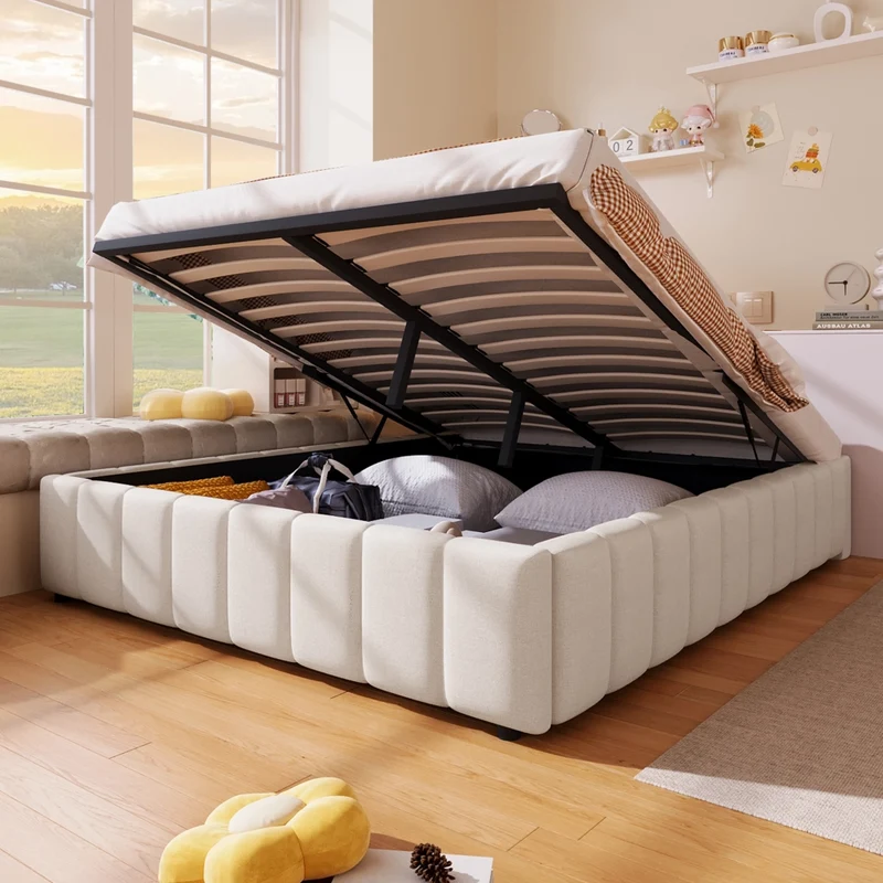 Letto contenitore 140x200 beige in lino e MDF; con sollevamento idraulico e senza testiera