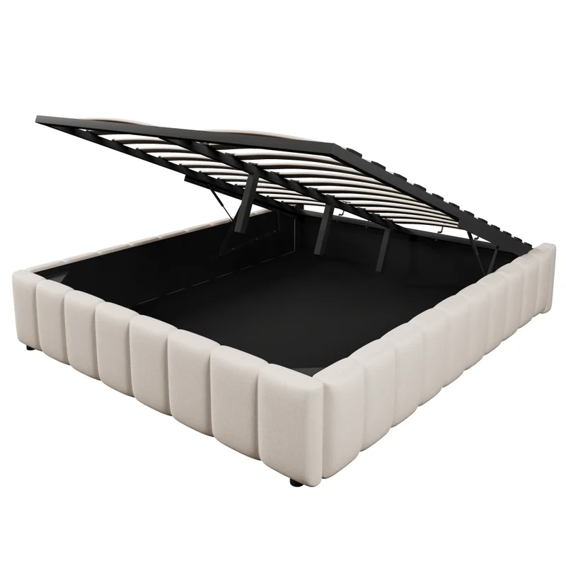 Letto contenitore 140x200 beige in lino e MDF; con sollevamento idraulico e senza testiera