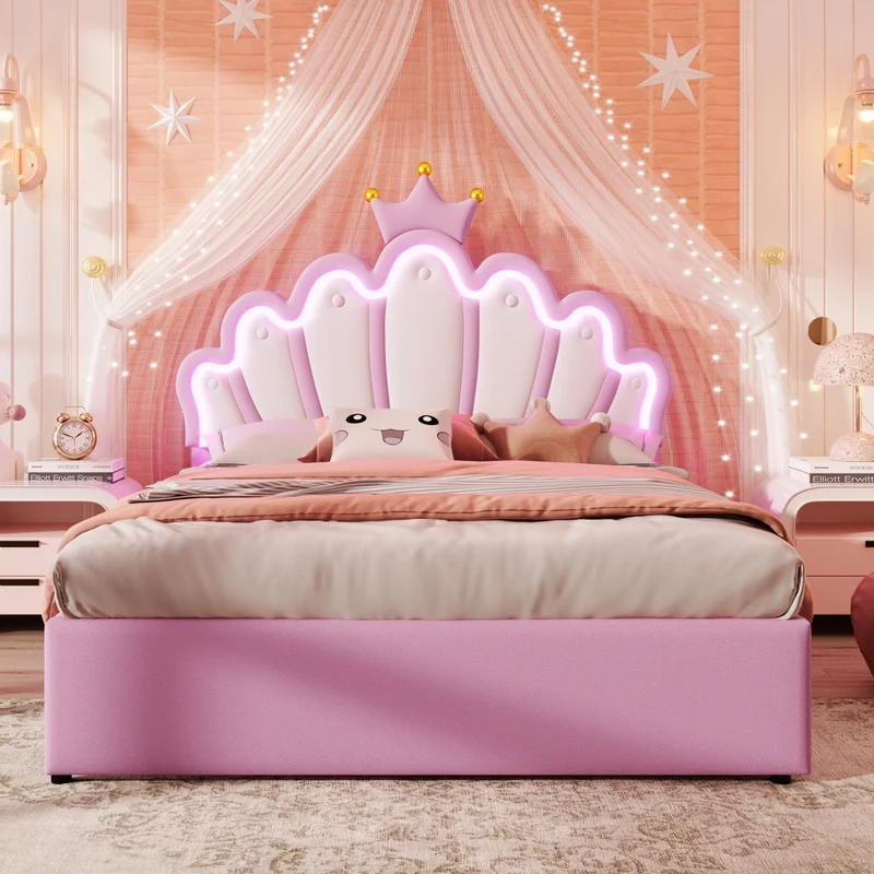 Letto imbottito rosa 140x200 con luci LED telecomandate e due cassetti