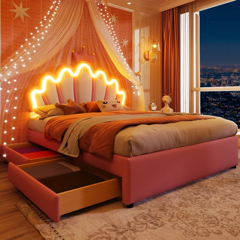 Letto imbottito rosa 140x200 con luci LED telecomandate e due cassetti