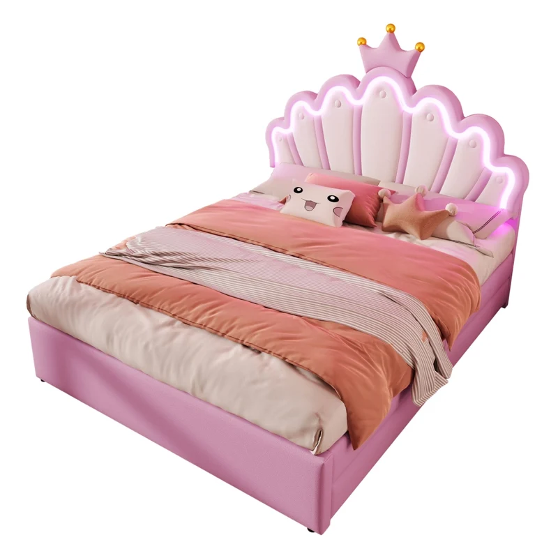 Letto imbottito rosa 140x200 con luci LED telecomandate e due cassetti