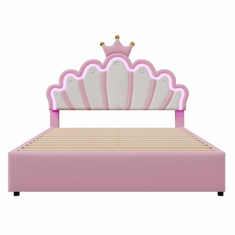 Letto imbottito rosa 140x200 con luci LED telecomandate e due cassetti