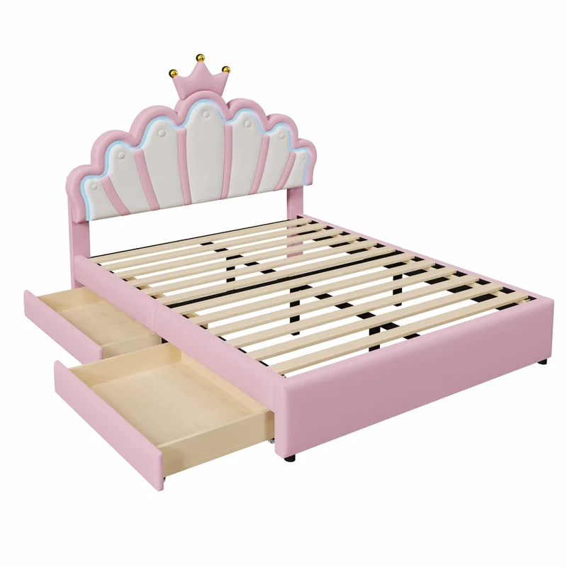 Letto imbottito rosa 140x200 con luci LED telecomandate e due cassetti