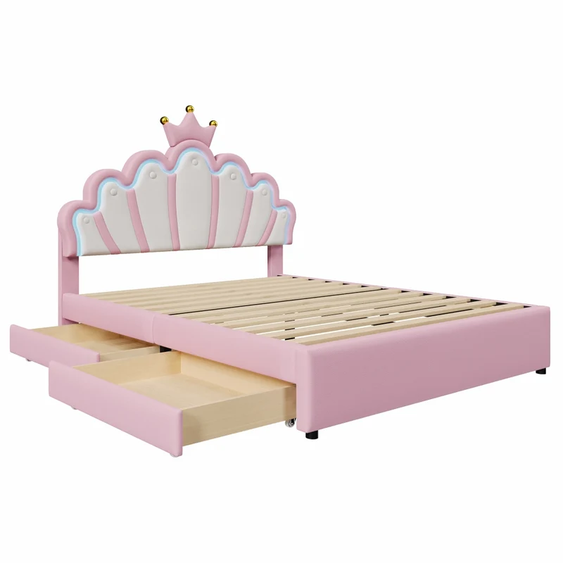 Letto imbottito rosa 140x200 con luci LED telecomandate e due cassetti