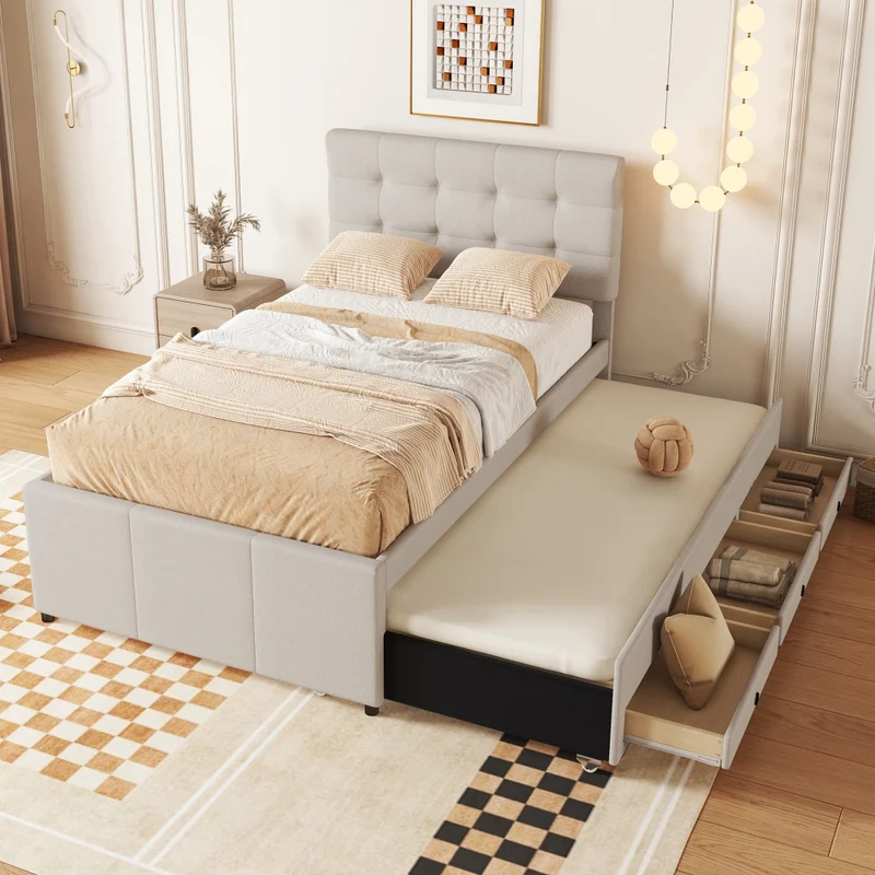 Letto imbottito beige 90x200 cm con letto estraibile e tre cassetti