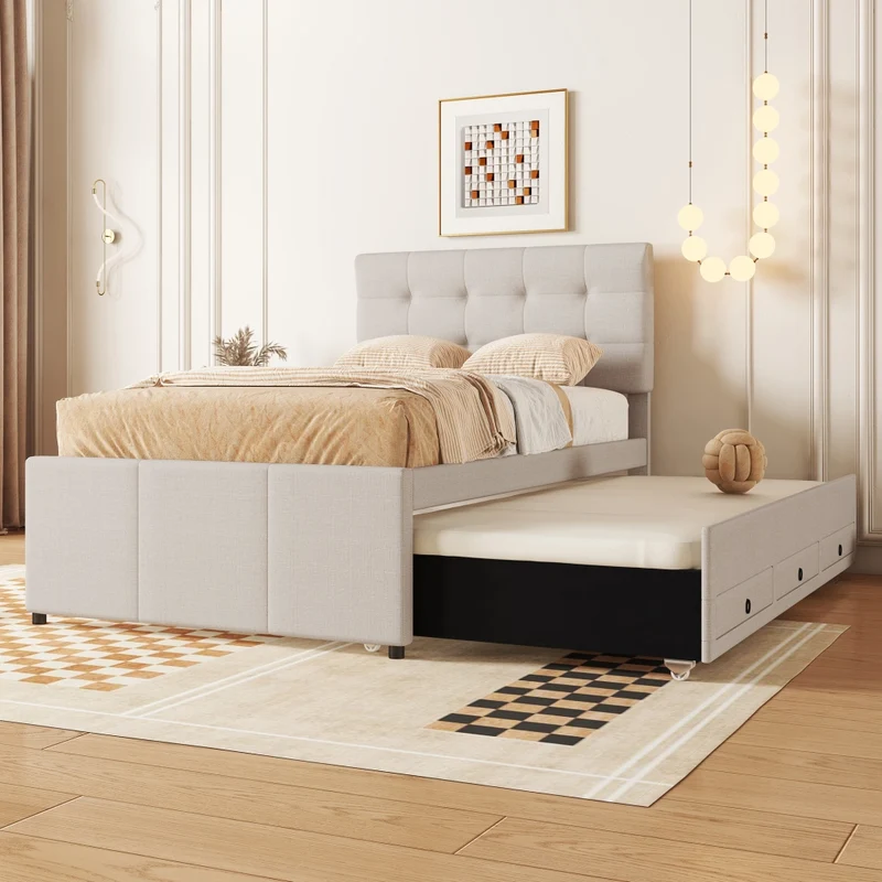 Letto imbottito beige 90x200 cm con letto estraibile e tre cassetti