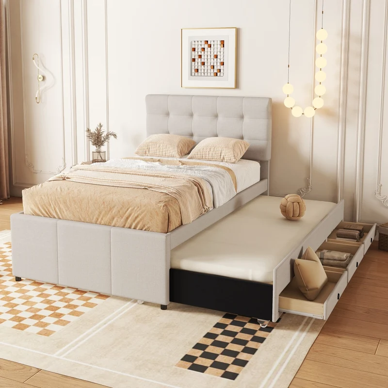 Letto imbottito beige 90x200 cm con letto estraibile e tre cassetti