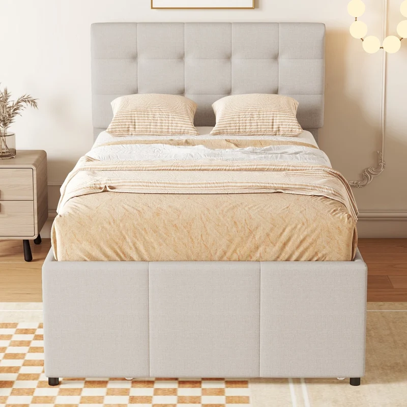Letto imbottito beige 90x200 cm con letto estraibile e tre cassetti