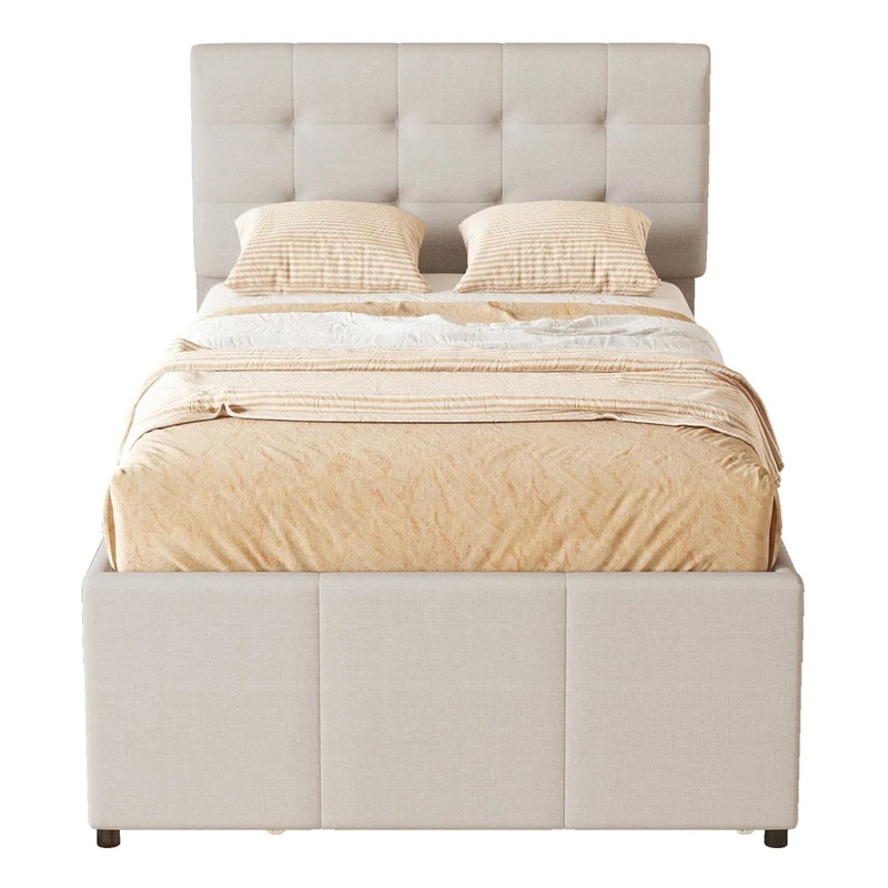 Letto imbottito beige 90x200 cm con letto estraibile e tre cassetti