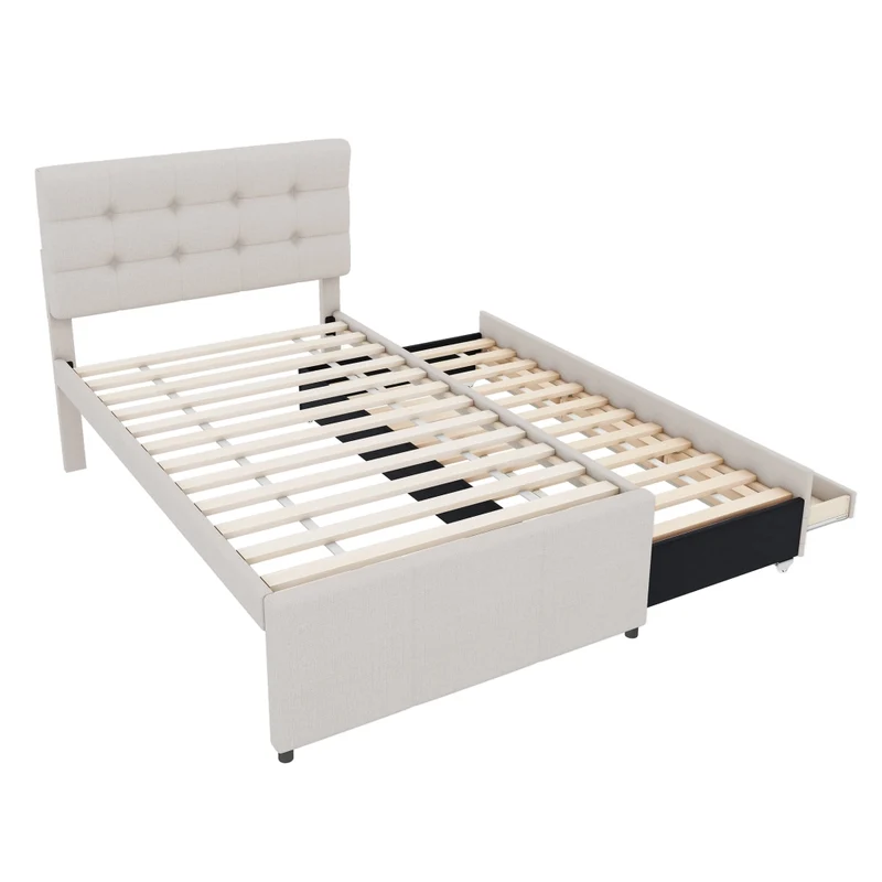 Letto imbottito beige 90x200 cm con letto estraibile e tre cassetti