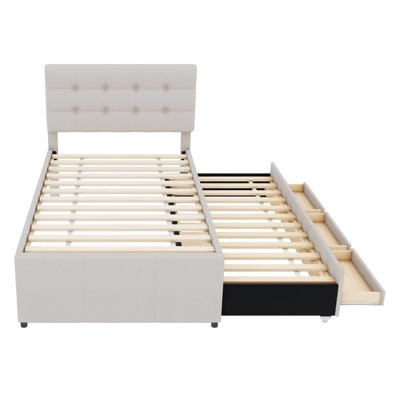 Letto imbottito beige 90x200 cm con letto estraibile e tre cassetti