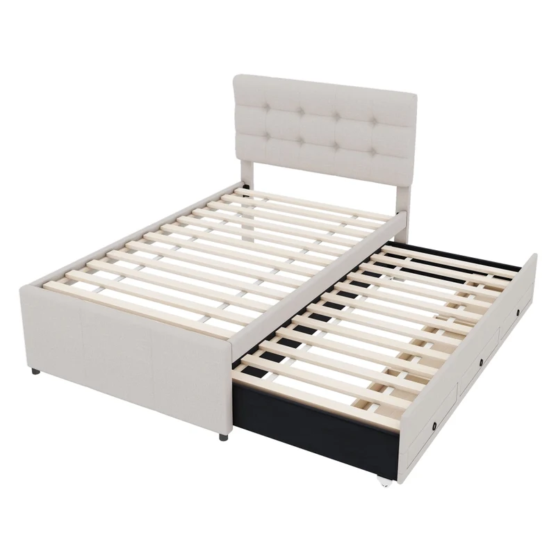 Letto imbottito beige 90x200 cm con letto estraibile e tre cassetti