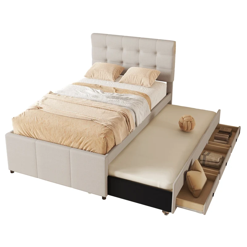 Letto imbottito beige 90x200 cm con letto estraibile e tre cassetti