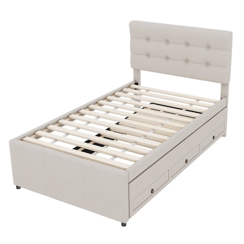 Letto imbottito beige 90x200 cm con letto estraibile e tre cassetti