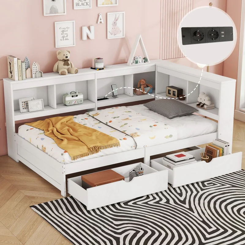 Letto singolo 90x200 cm bianco in truciolato e MDF con cassetti; ripiani laterali e prese USB