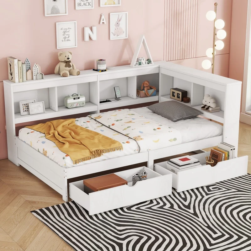 Letto singolo 90x200 cm bianco in truciolato e MDF con cassetti; ripiani laterali e prese USB