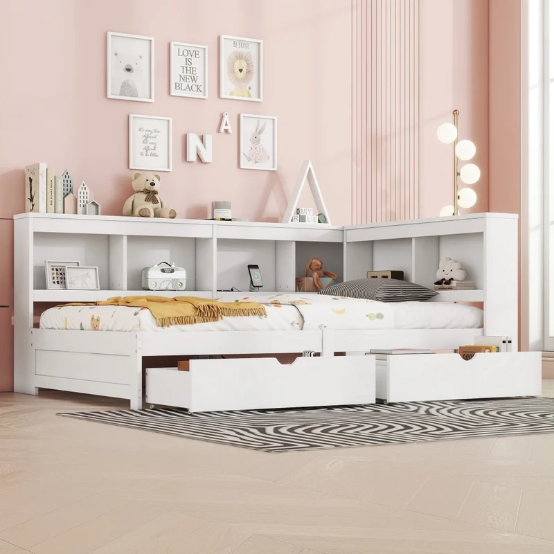 Letto singolo 90x200 cm bianco in truciolato e MDF con cassetti; ripiani laterali e prese USB