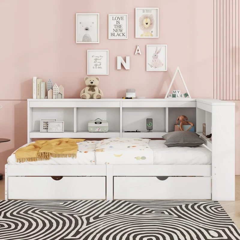 Letto singolo 90x200 cm bianco in truciolato e MDF con cassetti; ripiani laterali e prese USB