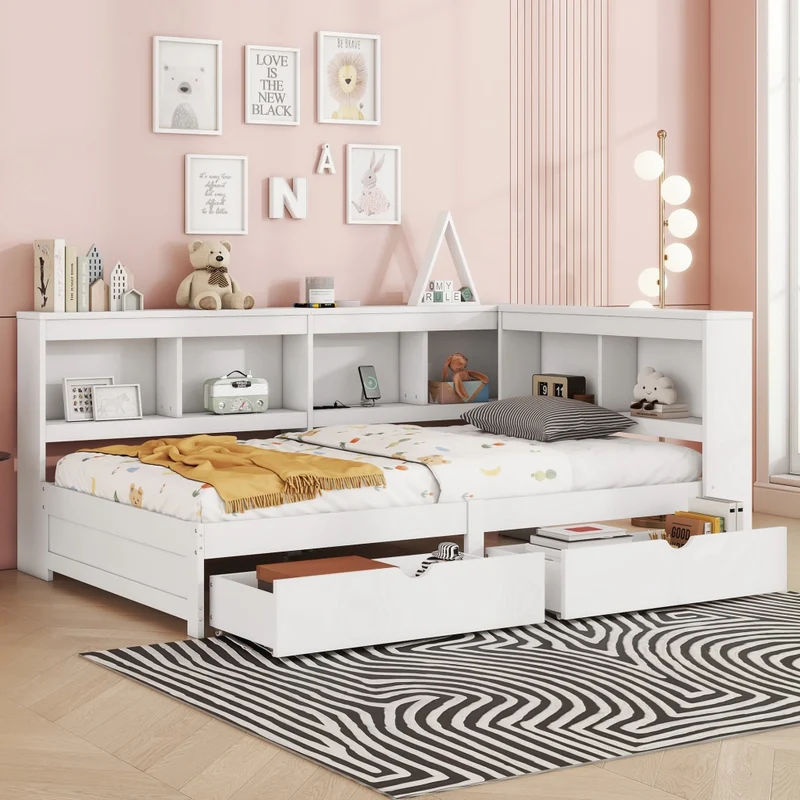 Letto singolo 90x200 cm bianco in truciolato e MDF con cassetti; ripiani laterali e prese USB
