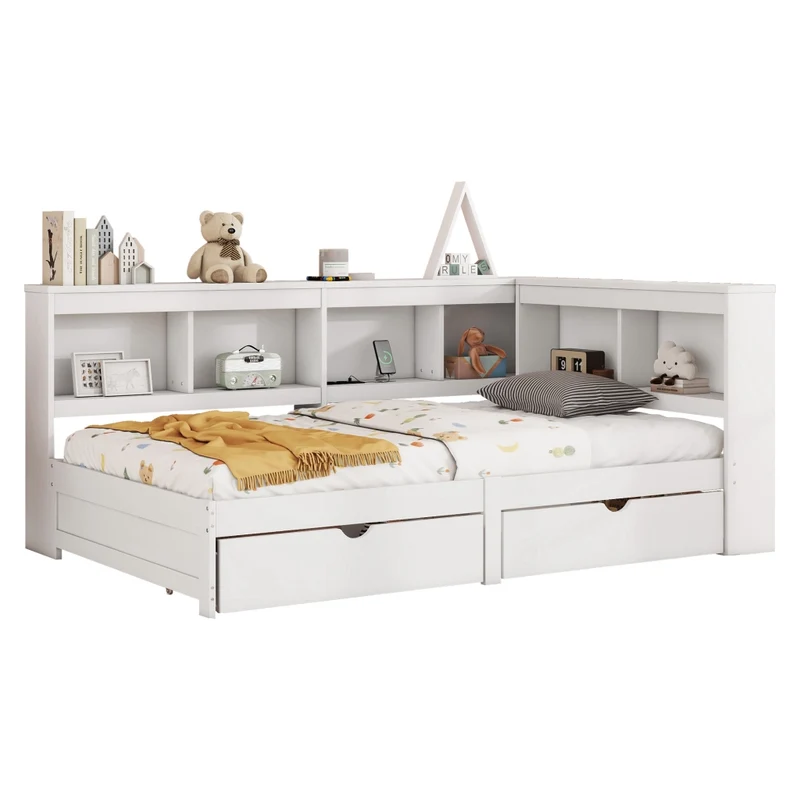 Letto singolo 90x200 cm bianco in truciolato e MDF con cassetti; ripiani laterali e prese USB