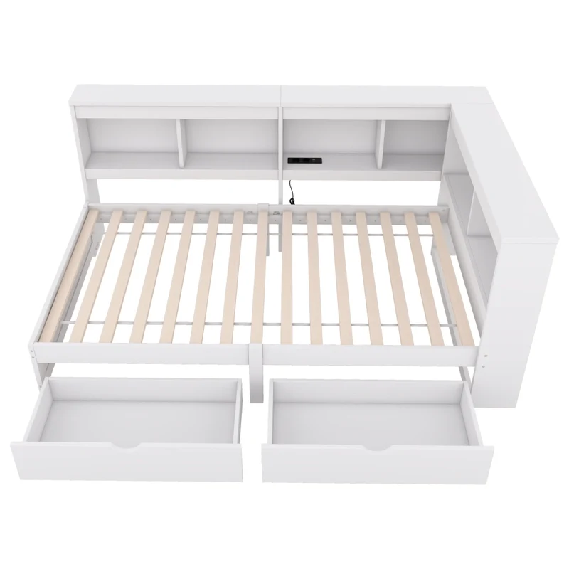 Letto singolo 90x200 cm bianco in truciolato e MDF con cassetti; ripiani laterali e prese USB