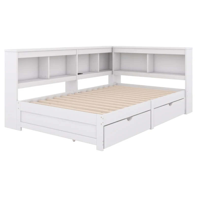 Letto singolo 90x200 cm bianco in truciolato e MDF con cassetti; ripiani laterali e prese USB