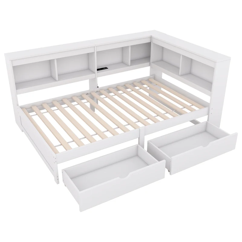 Letto singolo 90x200 cm bianco in truciolato e MDF con cassetti; ripiani laterali e prese USB