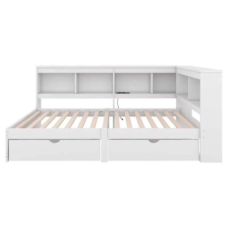 Letto singolo 90x200 cm bianco in truciolato e MDF con cassetti; ripiani laterali e prese USB