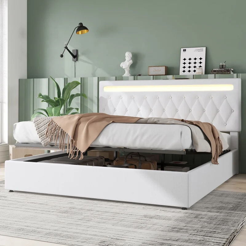 Letto matrimoniale imbottito 180x200 cm con contenitore; luce LED e prese USB; bianco