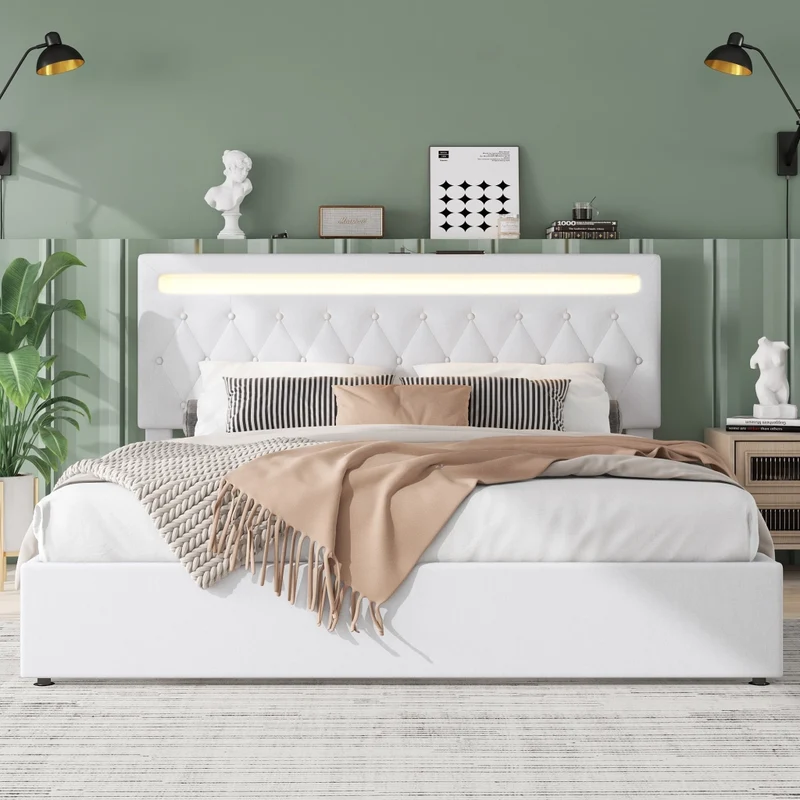Letto matrimoniale imbottito 180x200 cm con contenitore; luce LED e prese USB; bianco