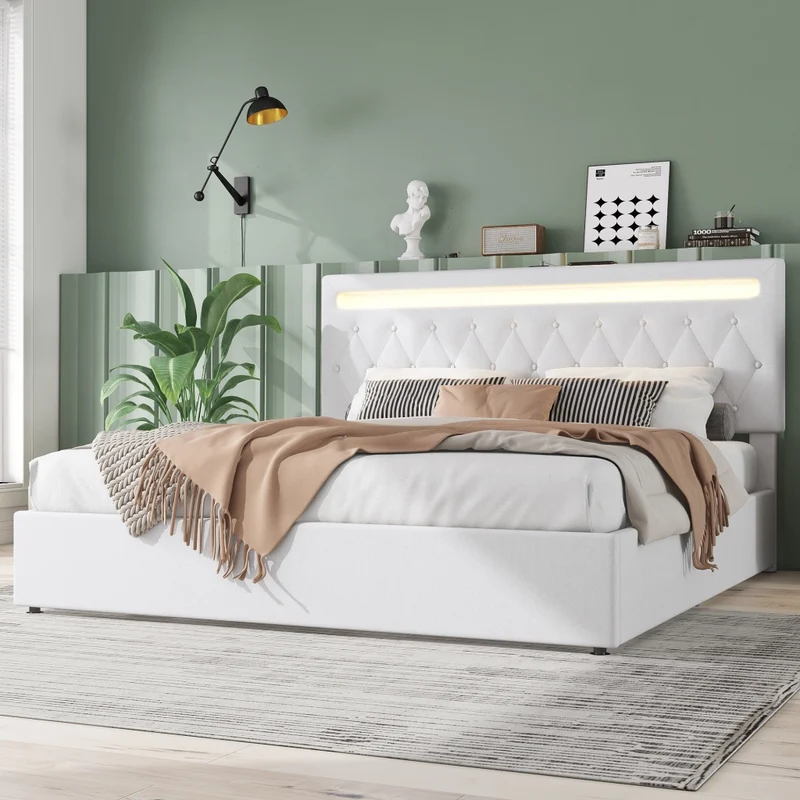 Letto matrimoniale imbottito 180x200 cm con contenitore; luce LED e prese USB; bianco
