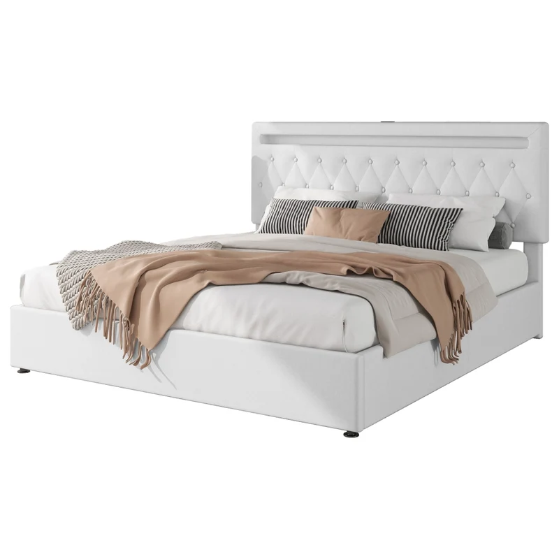 Letto matrimoniale imbottito 180x200 cm con contenitore; luce LED e prese USB; bianco