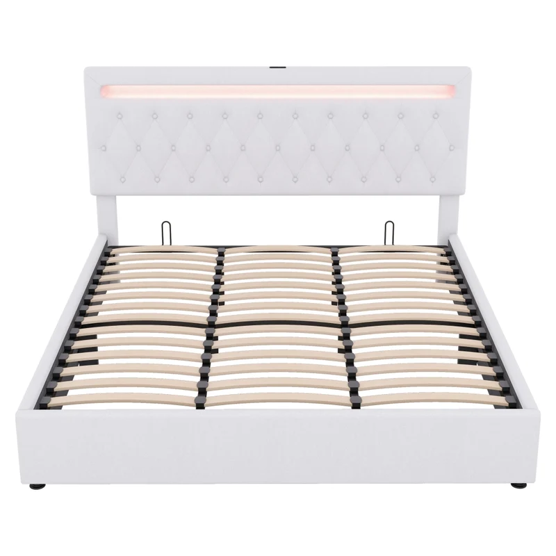 Letto matrimoniale imbottito 180x200 cm con contenitore; luce LED e prese USB; bianco