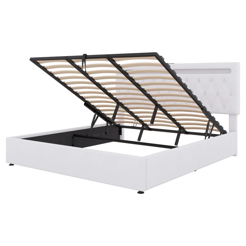Letto matrimoniale imbottito 180x200 cm con contenitore; luce LED e prese USB; bianco