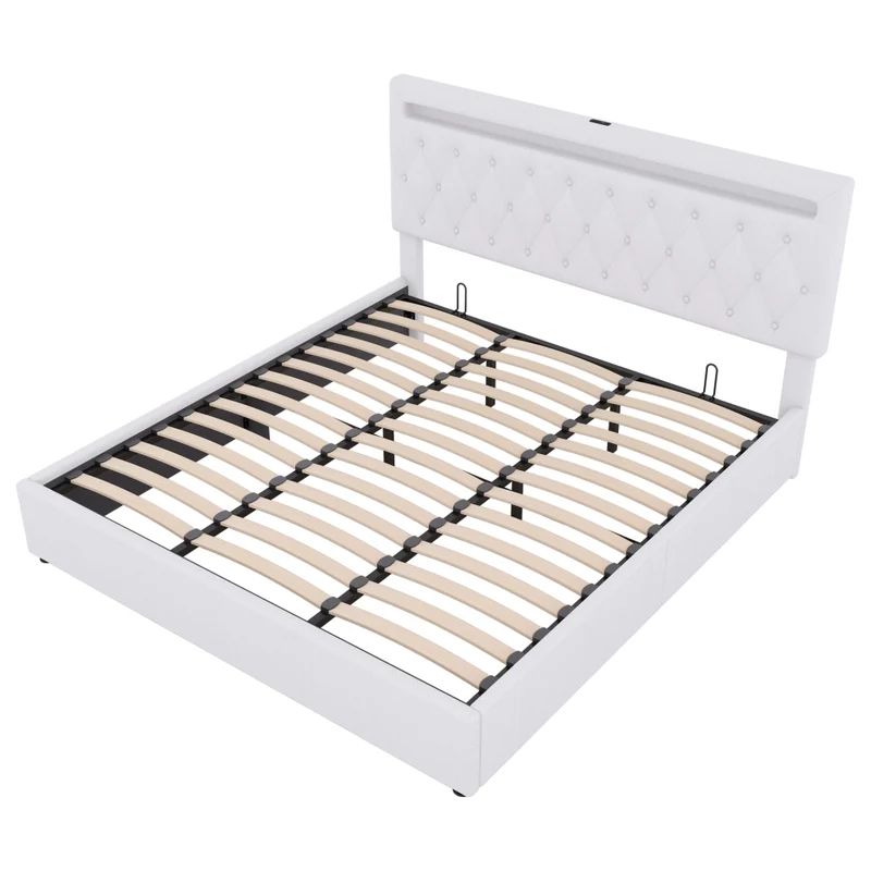 Letto matrimoniale imbottito 180x200 cm con contenitore; luce LED e prese USB; bianco